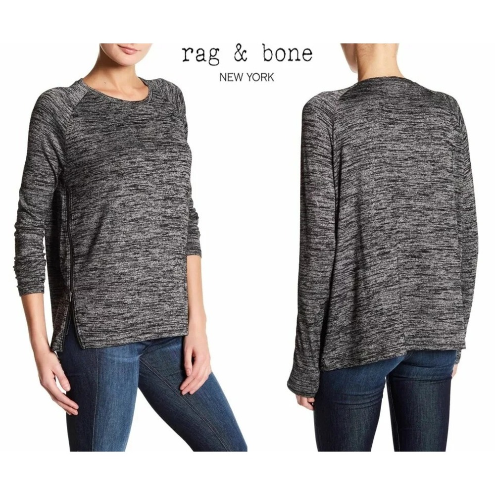 Rag & Bone Women's Camden Side Zip Knit Crew Sweater Top Heathered Gray Black S
